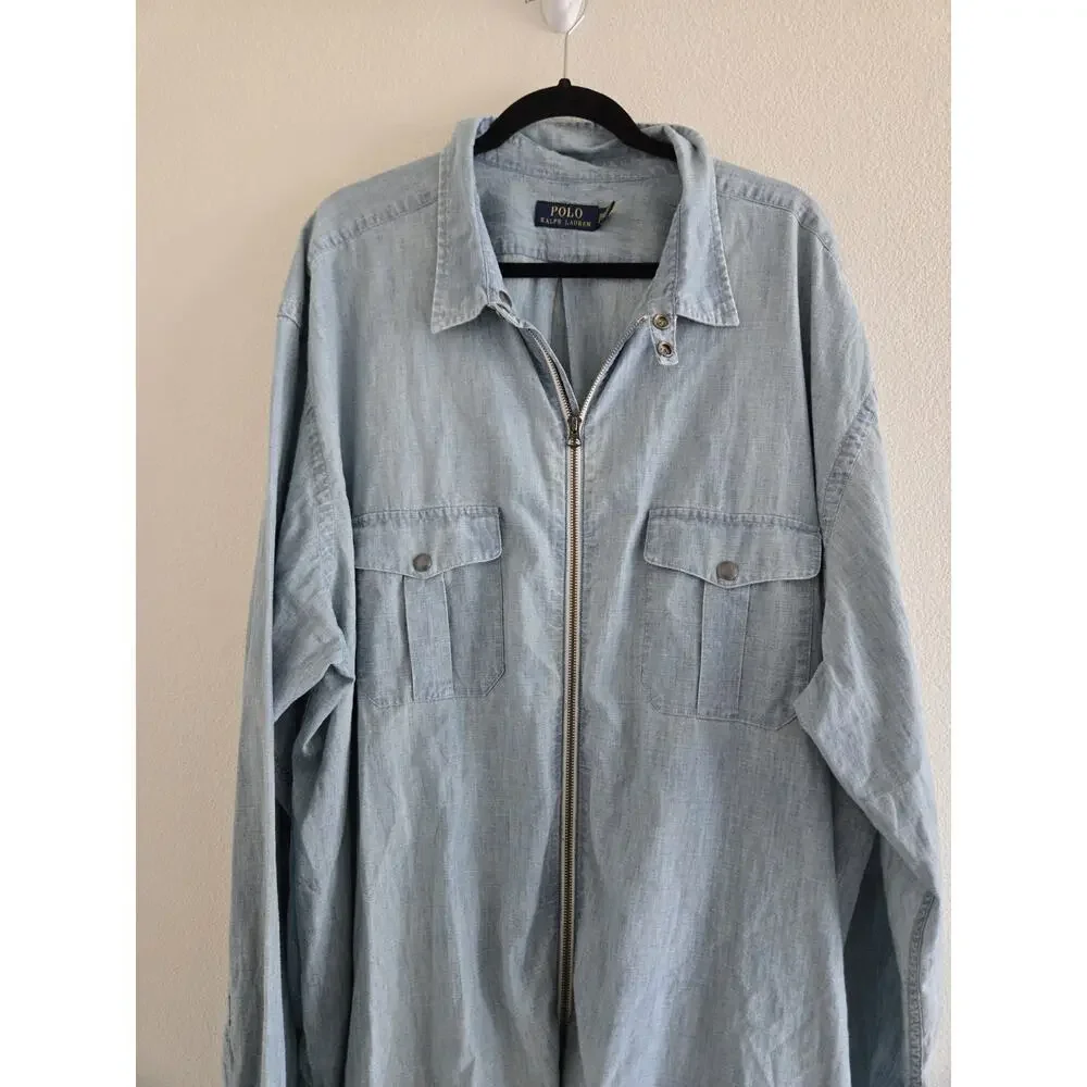 Polo Ralph Lauren Blue Chambray Shirt Jacket 3XLT Full Zip Clean Boy Old Money